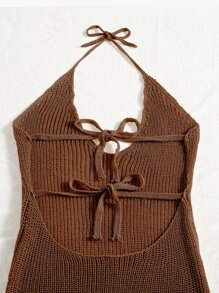 SHEIN Swim Curve Summer Beach Plus Knitted Backless Halter Cover Up Dress - Coffee Brown - View 5