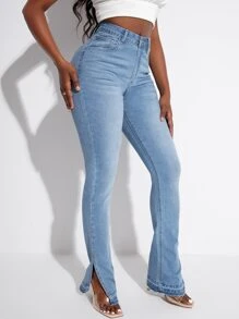 SHEIN SXY Split Hem Bootcut Jeans - Light Wash - View 4