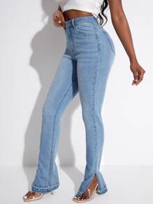 SHEIN SXY Split Hem Bootcut Jeans - Light Wash - View 5