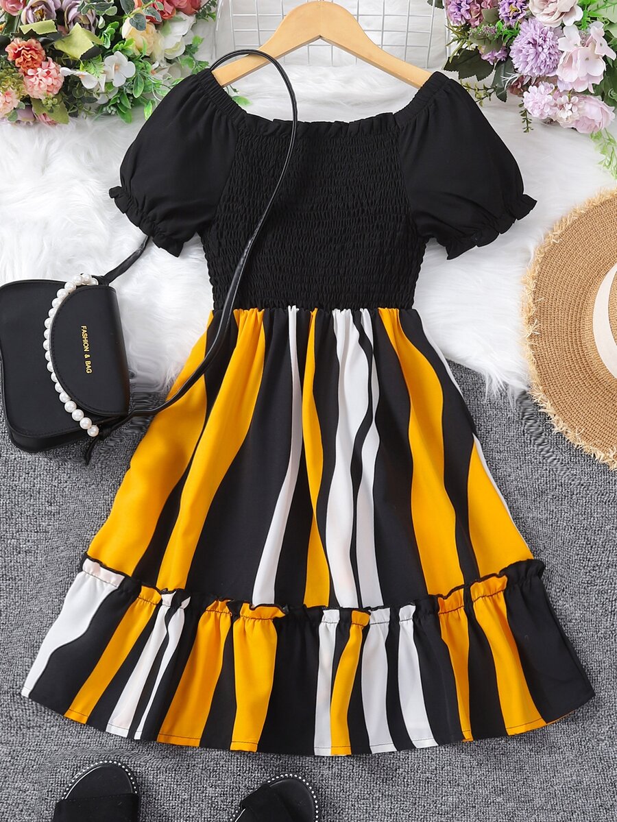 Girls Colourblock Puff Sleeve Shirred Frill Trim Dress - Multicolor - View 1