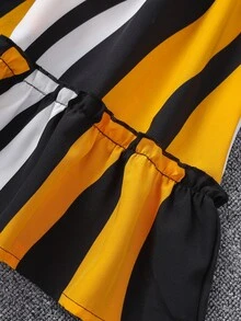 Girls Colourblock Puff Sleeve Shirred Frill Trim Dress - Multicolor - View 4