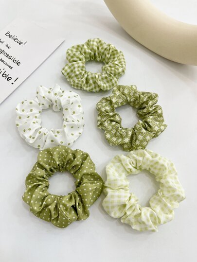5pcs Women's 9cm/3.54in Polka Dot Plaid Green Floral Scrunchies, Fashionable Versatile High-End Elegant Minimalist Solid Color Hair Ties, Suitable For Daily Outings, Casual, Party, Commute, Beach, Vacation, Ponytail, Bun, Washing Face, Makeup, Outfit Accessory
