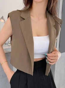 DAZY 西裝領開門襟無袖西裝外套 - 卡其色 - 查看 3
