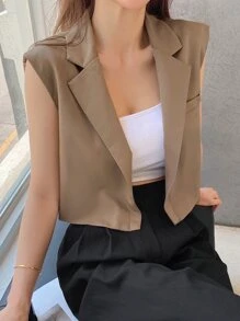 DAZY 西裝領開門襟無袖西裝外套 - 卡其色 - 查看 5