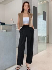 DAZY 西裝領開門襟無袖西裝外套 - 卡其色 - 查看 6