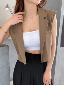 DAZY 西裝領開門襟無袖西裝外套 - 卡其色 - 查看 7