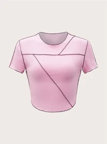 Camiseta corta con puntada bajo curvo - Rosa - Ver 1