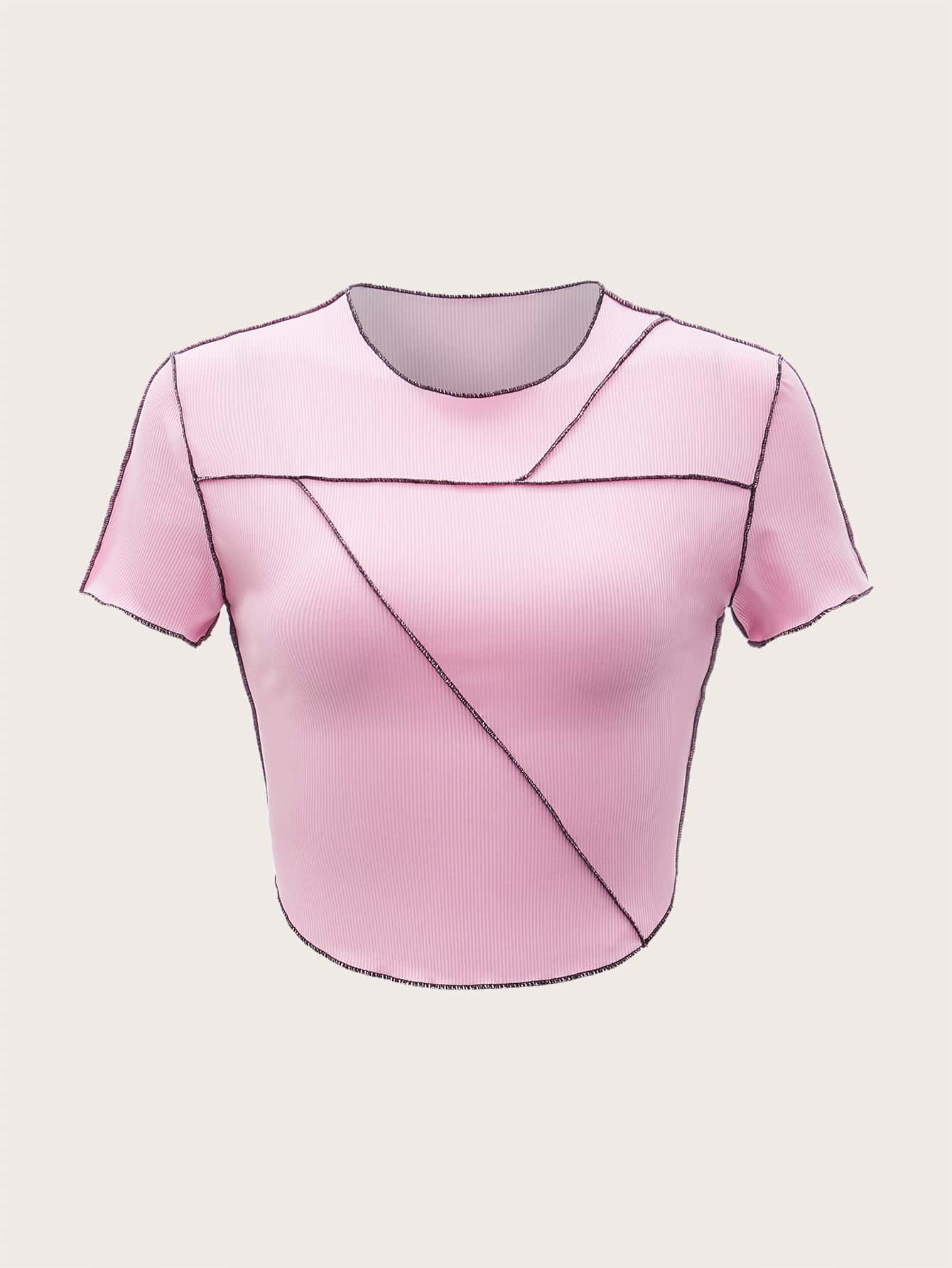 Camiseta corta con puntada bajo curvo - Rosa - Ver 1