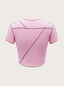 Camiseta corta con puntada bajo curvo - Rosa - Ver 2