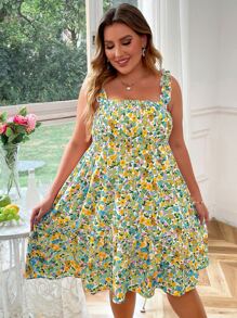 Plus Allover Floral Print Shirred Ruffle Hem Cami Dress - Green - View 1
