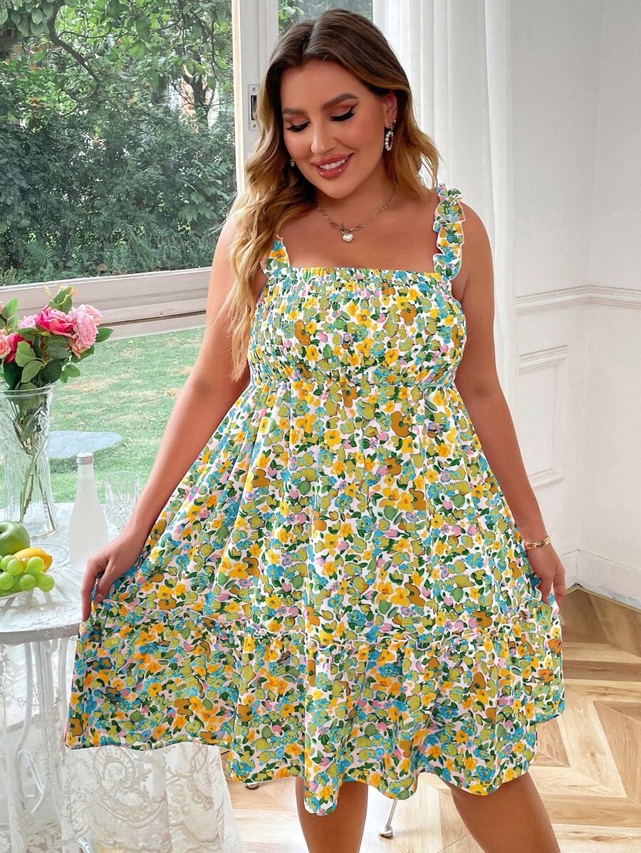Plus Allover Floral Print Shirred Ruffle Hem Cami Dress - Green - View 1