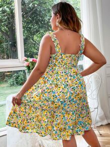 Plus Allover Floral Print Shirred Ruffle Hem Cami Dress - Green - View 2