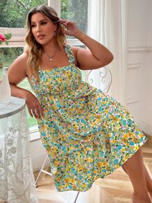 Plus Allover Floral Print Shirred Ruffle Hem Cami Dress - Green - View 5