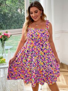 Plus Allover Floral Print Shirred Ruffle Hem Cami Dress - Purple - View 1