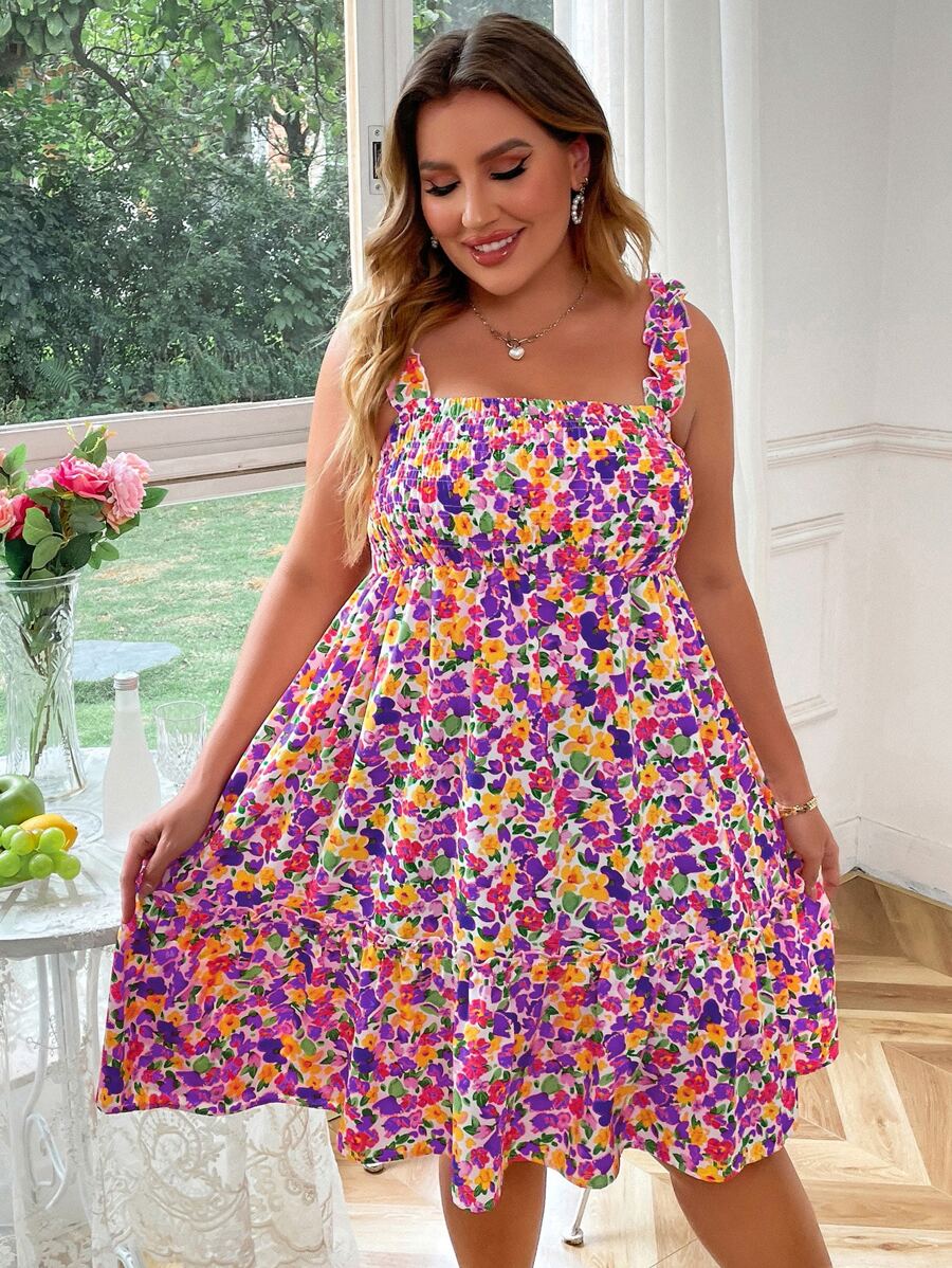 Plus Allover Floral Print Shirred Ruffle Hem Cami Dress - Purple - View 1