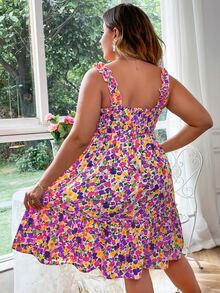 Plus Allover Floral Print Shirred Ruffle Hem Cami Dress - Purple - View 2