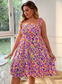Plus Allover Floral Print Shirred Ruffle Hem Cami Dress - Purple - View 3