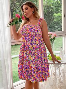 Plus Allover Floral Print Shirred Ruffle Hem Cami Dress - Purple - View 5