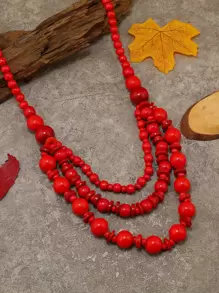 Wooden Beaded Layered Necklace - Red - View 1