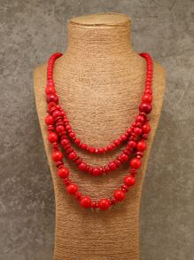 Wooden Beaded Layered Necklace - Red - View 3