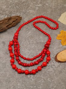 Wooden Beaded Layered Necklace - Red - View 5