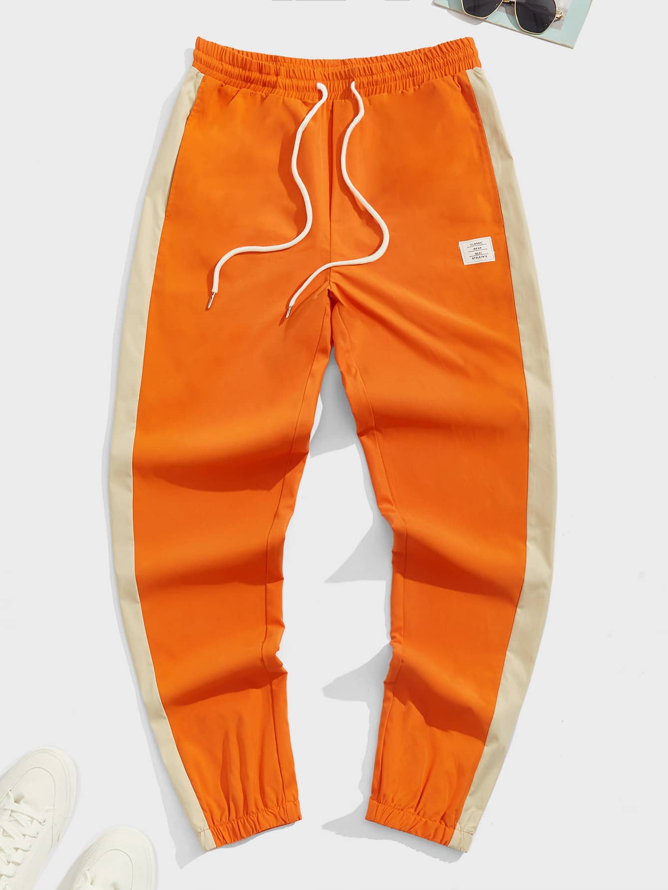 GENTILAND Men Drawstring Waist Letter Patched Carrot Trousers - Orange - View 1