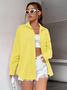 SHEIN Unity 弧形下摆落肩女式衬衫 - 黃色 - 查看 3