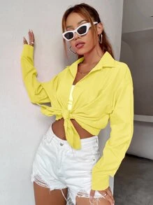 SHEIN Unity 弧形下摆落肩女式衬衫 - 黃色 - 查看 6