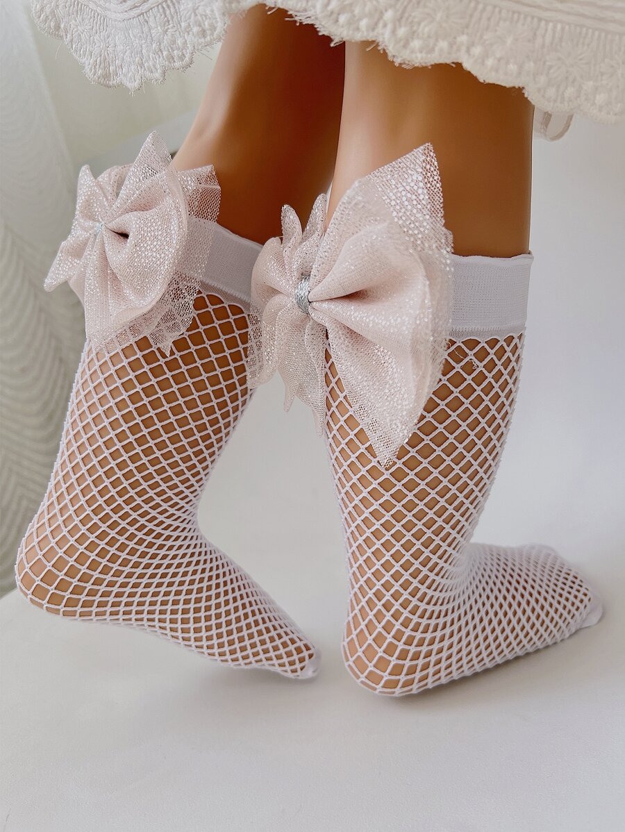 Toddler Girls Bow Decor Fishnet Over The Calf Socks - White - View 1