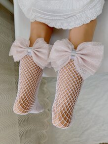 Toddler Girls Bow Decor Fishnet Over The Calf Socks - White - View 4
