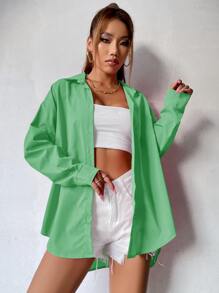 SHEIN Unity Curved Hem Drop Shoulder Blouse - Green - View 4
