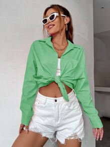 SHEIN Unity Curved Hem Drop Shoulder Blouse - Green - View 5
