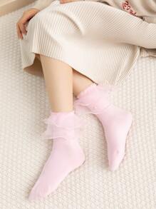 人造珍珠裝飾荷葉邊中筒襪 - 粉色 - 查看 1