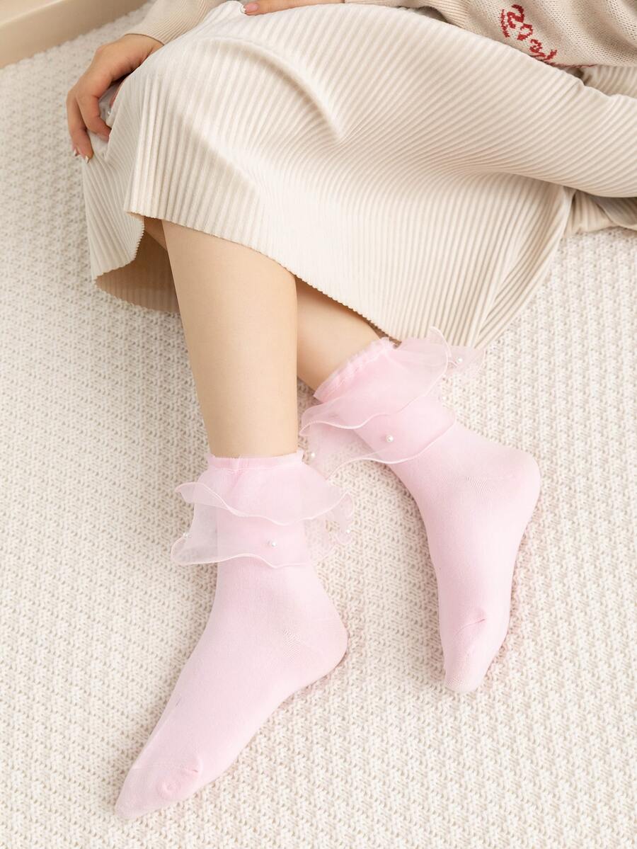 人造珍珠裝飾荷葉邊中筒襪 - 粉色 - 查看 1
