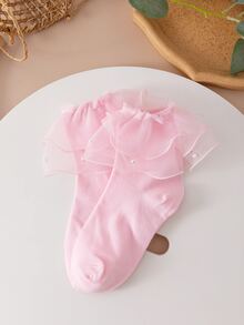 人造珍珠裝飾荷葉邊中筒襪 - 粉色 - 查看 5