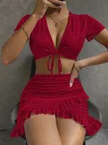 SHEIN SXY Solid Tie Front Top & Ruffle Trim Skirt Set - Burgundy - View 1