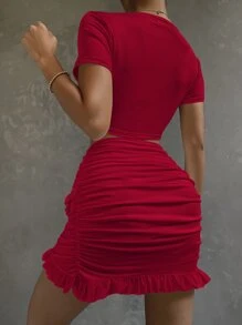 SHEIN SXY Solid Tie Front Top & Ruffle Trim Skirt Set - Burgundy - View 2