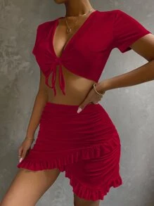 SHEIN SXY Solid Tie Front Top & Ruffle Trim Skirt Set - Burgundy - View 6