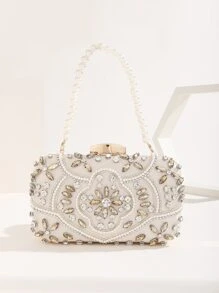 輕便商務休閒迷你水鑽和人造珍珠裝飾盒包晚宴包、晚宴包迷人、優雅、精緻、安靜奢華水鑽適合派對女孩、女士、新娘完美適合派對、晚餐/宴會、雞尾酒 - 香檳色 - 查看 7