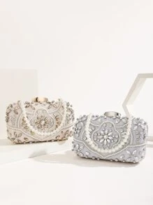 輕便商務休閒迷你水鑽和人造珍珠裝飾盒包晚宴包、晚宴包迷人、優雅、精緻、安靜奢華水鑽適合派對女孩、女士、新娘完美適合派對、晚餐/宴會、雞尾酒 - 香檳色 - 查看 1