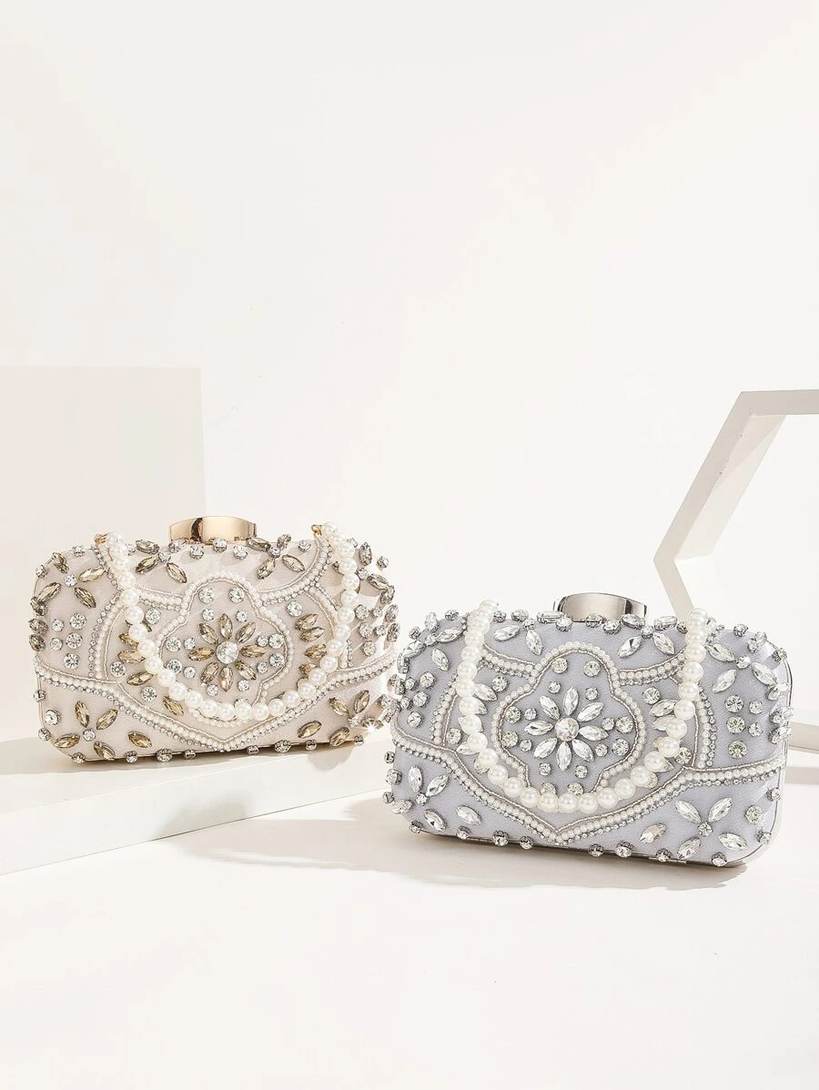 輕便商務休閒迷你水鑽和人造珍珠裝飾盒包晚宴包、晚宴包迷人、優雅、精緻、安靜奢華水鑽適合派對女孩、女士、新娘完美適合派對、晚餐/宴會、雞尾酒 - 香檳色 - 查看 1