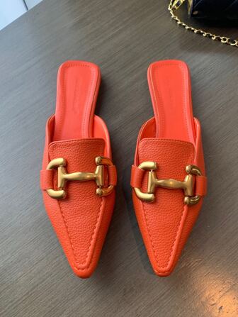 Nice Nineteen Women's Orange Avant-garde Solid Color Mules With Metal Decoration, Pointed Toe And Flat Mueller Shoes