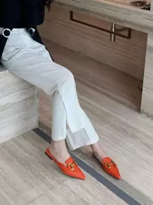 Nice Nineteen Fall/Winter Women's Orange Avant-Garde Solid Color Mules With Metal Decoration, Pointed Toe And Flat Mueller Shoes