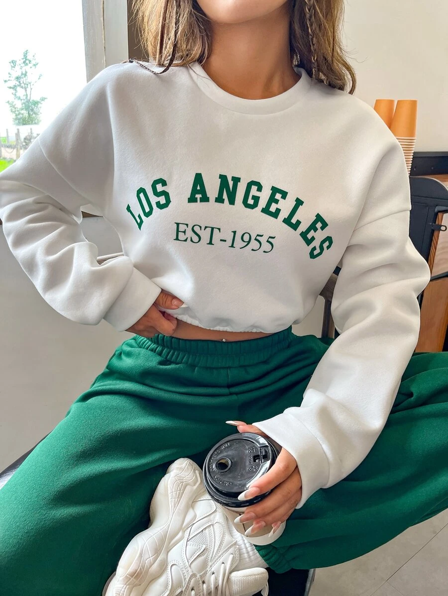 SHEIN Unity Letter Graphic Drop Shoulder Crop Sweatshirt - White - View 1