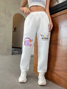 SHEIN Unity Quần thể thao nữ Túi Hoa Slogan - trắng - Xem 5