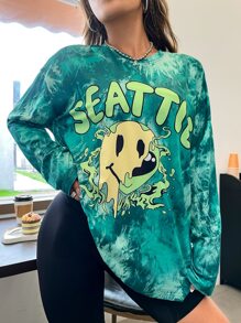 StreetHx 字母和卡通臉圖案紮染落肩T恤 - 彩色 - 查看 1