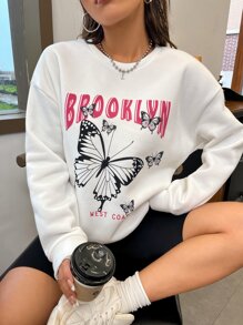 SHEIN Unity Butterfly & Letter Graphic Drop Shoulder Sweatshirt - White - View 3