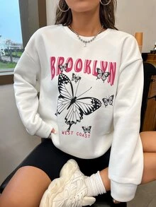 SHEIN Unity Butterfly & Letter Graphic Drop Shoulder Sweatshirt - White - View 4