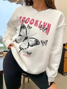 SHEIN Unity Butterfly & Letter Graphic Drop Shoulder Sweatshirt - White - View 5