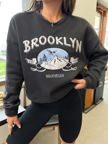 Áo nỉ Đồ họa đại bàng và chữ cái Thả vai - Màu xám đen - Xem 4